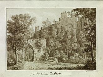 Tuschezeichnung der Burg Hohenbaden von Großherzogin Stephanie von Baden um 1830