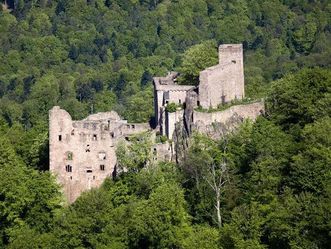 Luftansicht von Bergfried, Schildmauer und Palas der Oberburg des Alten Schlosses Hohenbaden